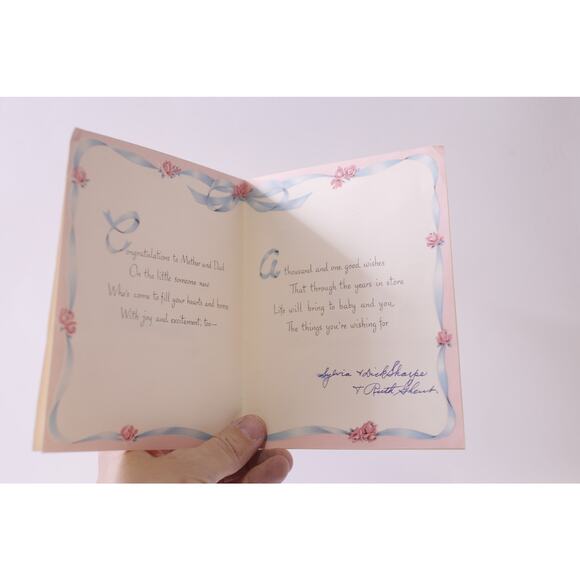 Pink Baby Shoes, Greeting Card, USED, Paper, Craft, Vintage, ~ 251016-WH 1379 - Picture 2 of 2